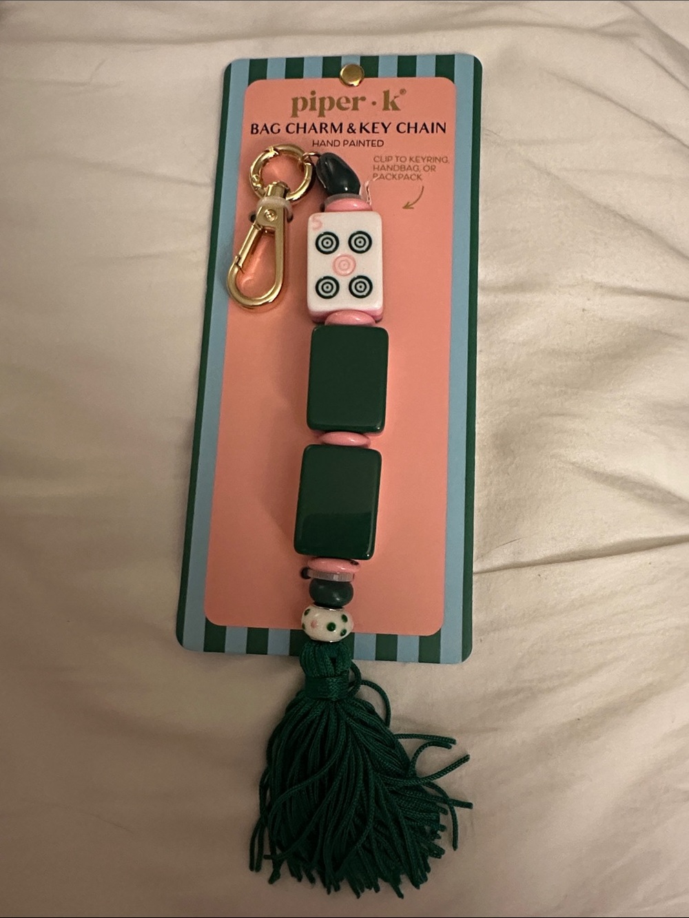 Piper K whimsical pink green mahjong game tile motif keychain bag charm